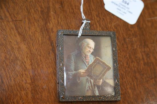 § Charles Spencelayh (1865-1958) Gentleman inspecting a painting by the light from a window 3 x 2.5in. original planished copper frame.